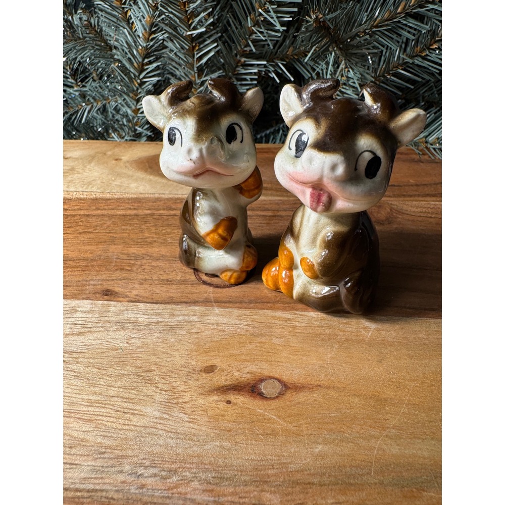 Vintage Cow Salt and Pepper Shakers Set Brown Cream Glossy Kitschy Farmhouse